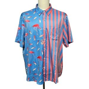 Vatpave Shirt Mens XL Blue Pink Flamingo Striped Short‎ Sleeve Button Up Summer